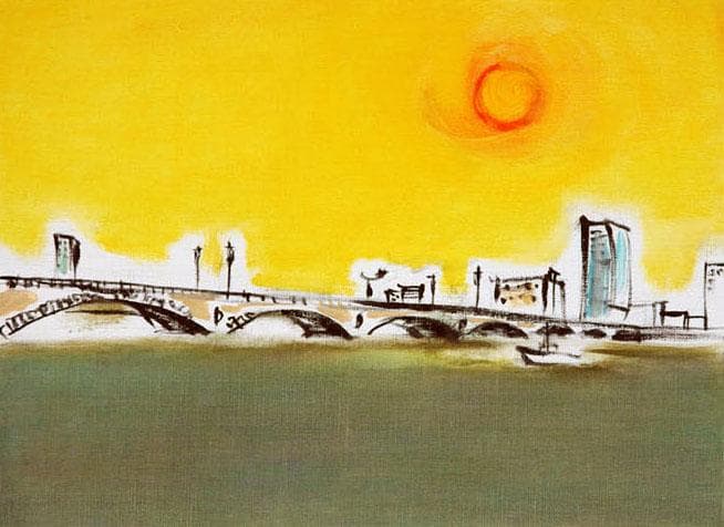 油絵 菅家令子 絵 絵画インテリア 額付(黒) F4-090814 風景 太陽橋