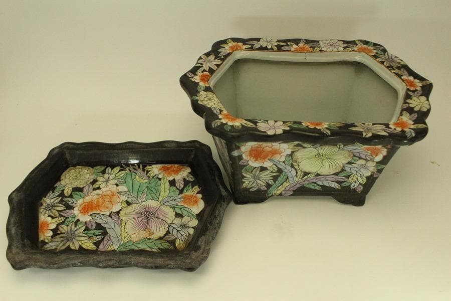 中国美術 色絵 花模様 植木鉢 花盆(ZE494)