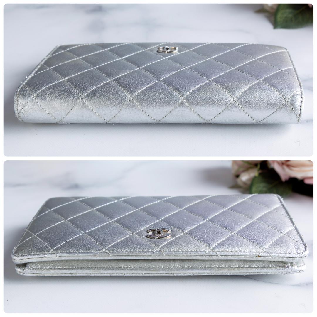 CHANEL マトラッセ ラムスキン 二つ折り長財布 財布 シルバー
