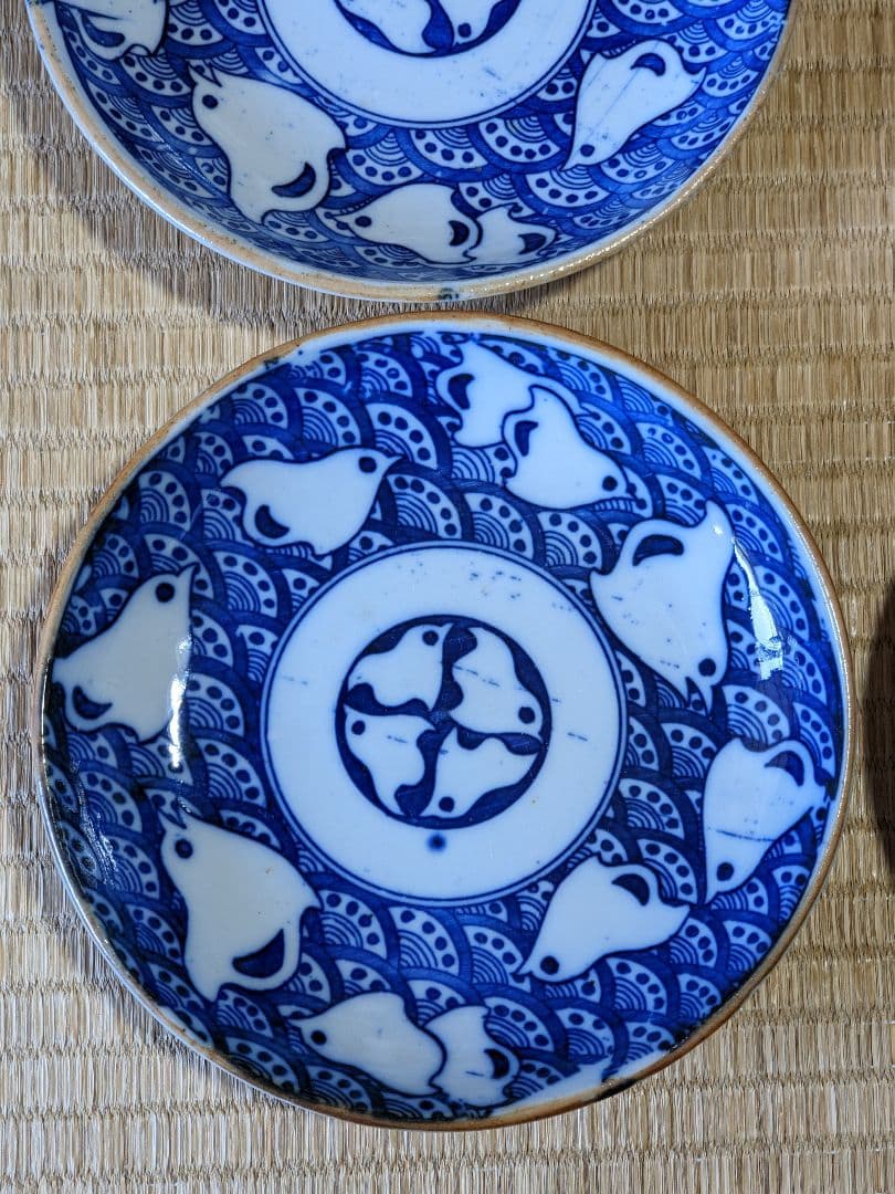 ♦明治時代 古伊万里 染付波千鳥 青海波文 中皿 コレクション骨董品アンティーク