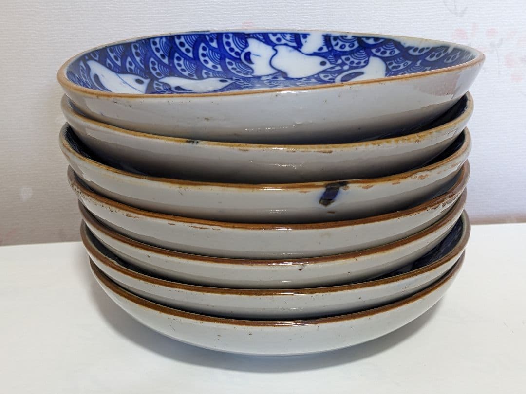 ♦明治時代 古伊万里 染付波千鳥 青海波文 中皿 コレクション骨董品アンティーク