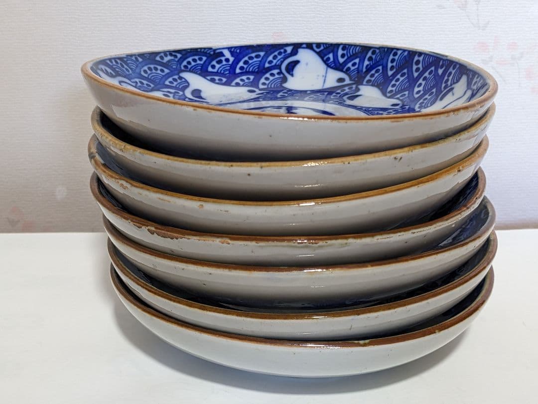 ♦明治時代 古伊万里 染付波千鳥 青海波文 中皿 コレクション骨董品アンティーク