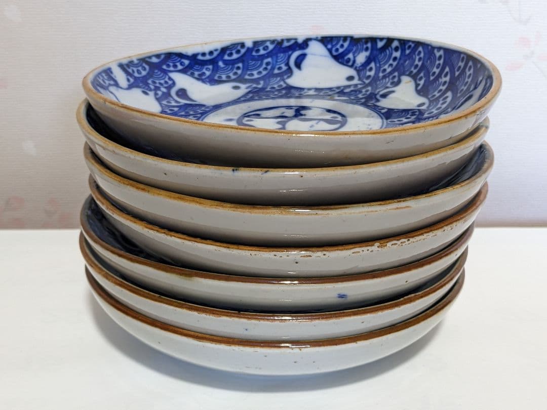 ♦明治時代 古伊万里 染付波千鳥 青海波文 中皿 コレクション骨董品アンティーク