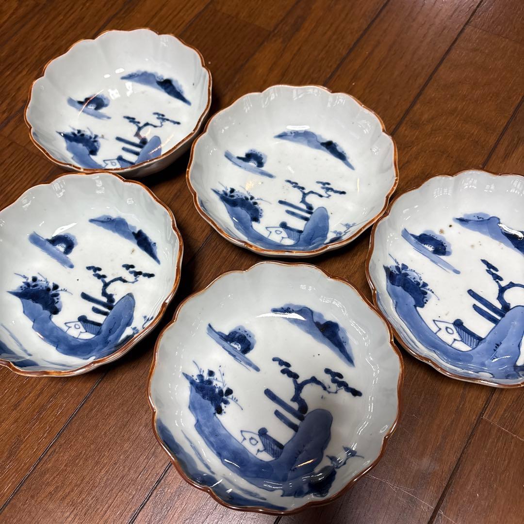最処古伊万里染付なます皿（鉢）五個セット濃淡の色合い綺麗な山水こだわりの裏印名品