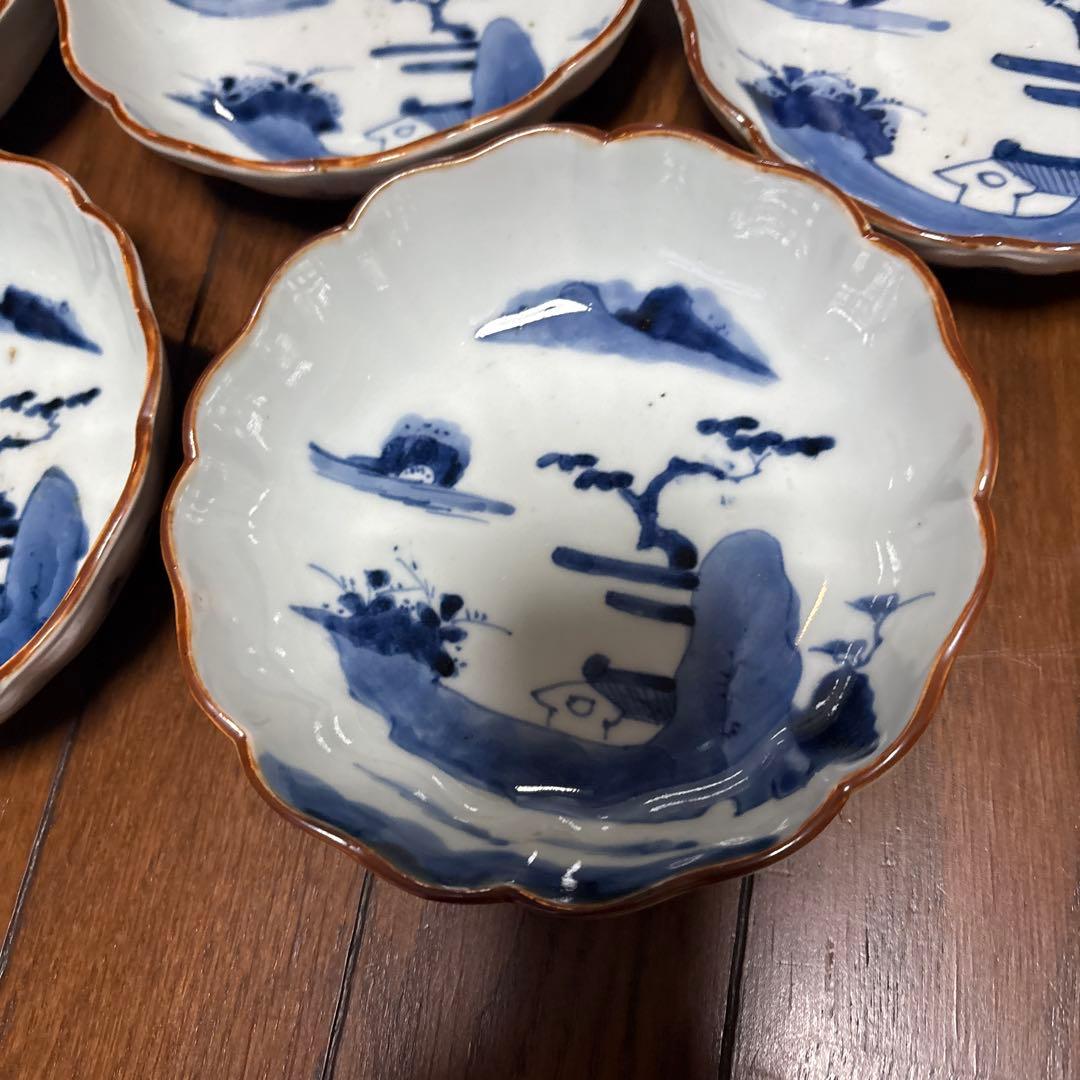 最処古伊万里染付なます皿（鉢）五個セット濃淡の色合い綺麗な山水こだわりの裏印名品