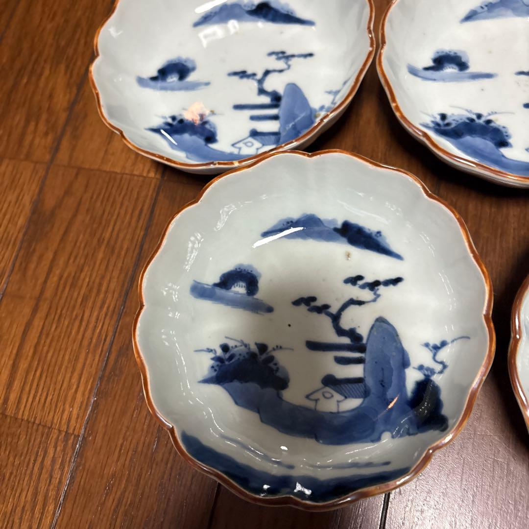 最処古伊万里染付なます皿（鉢）五個セット濃淡の色合い綺麗な山水こだわりの裏印名品