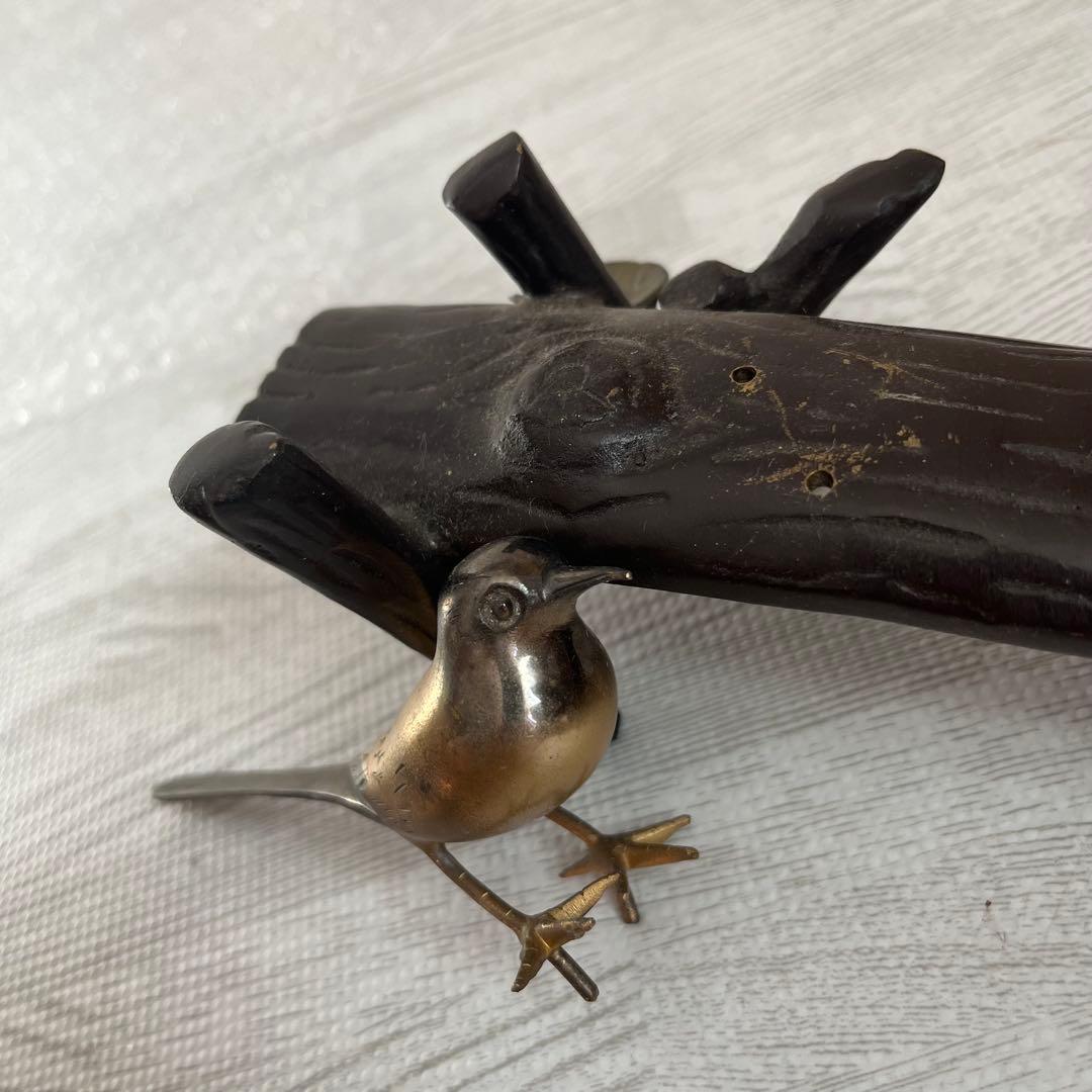 伝統工芸　美術　小鳥　木　止まり木　銅器 真鍮　正晴刻印　金属工芸　古物　骨董