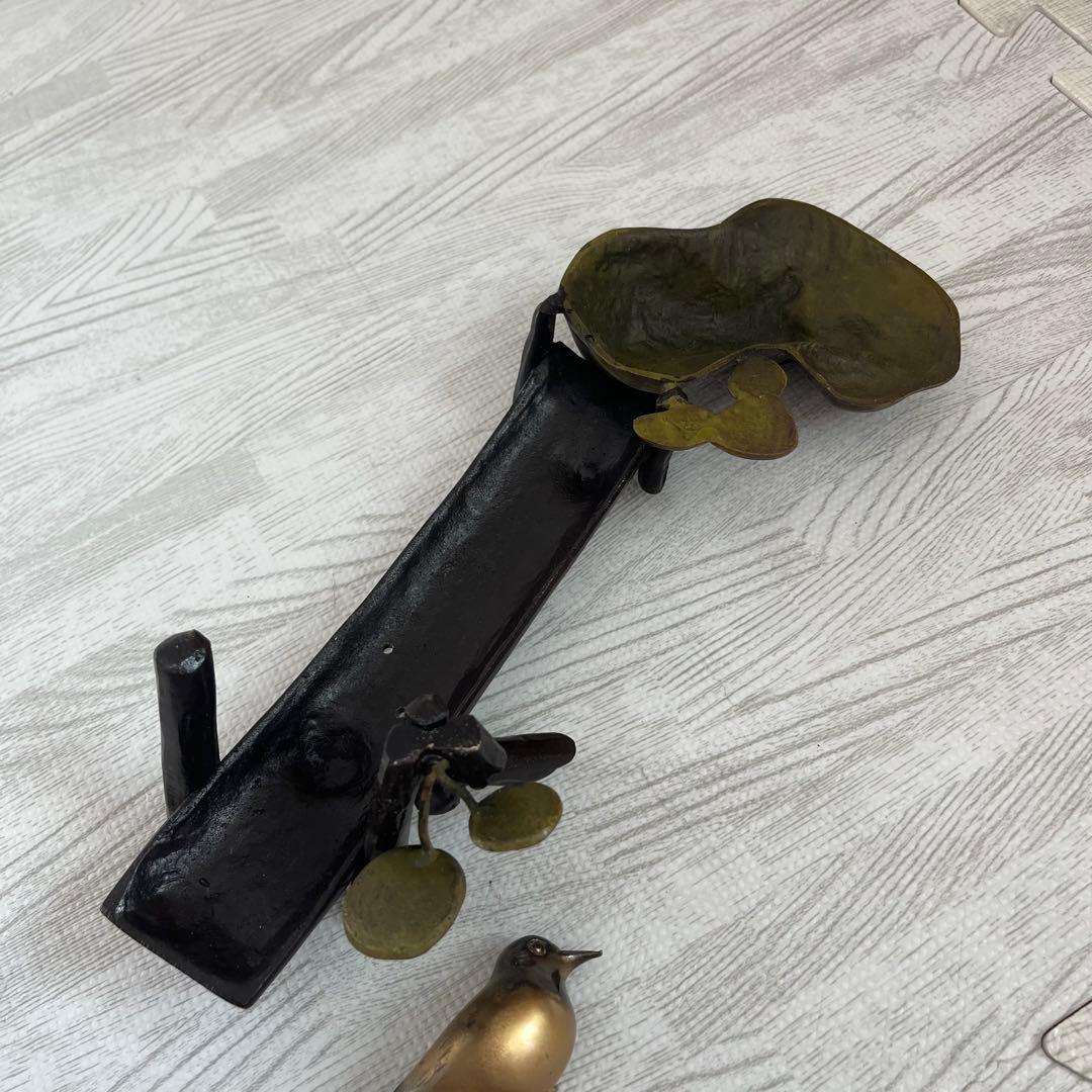 伝統工芸　美術　小鳥　木　止まり木　銅器 真鍮　正晴刻印　金属工芸　古物　骨董