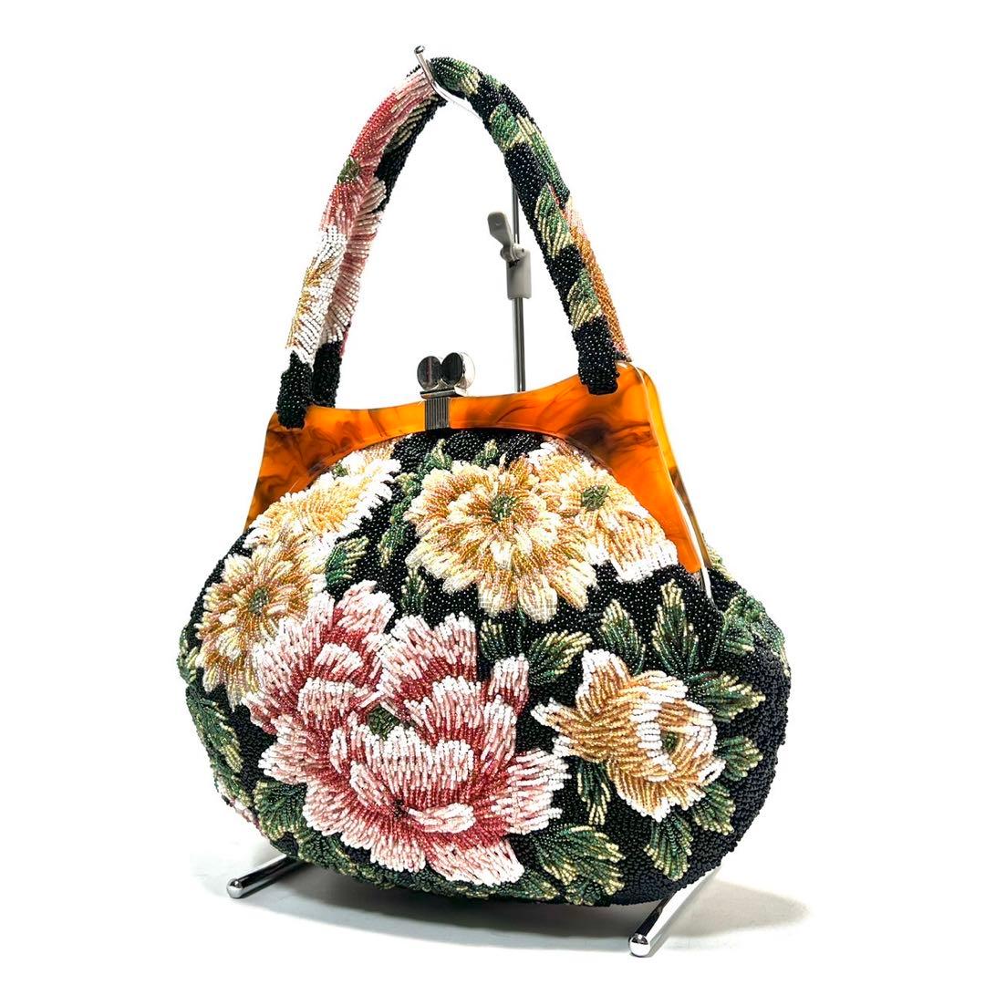 【美品】ビーズ総刺繍/花柄 ボタニカル柄/ハンドバッグ 和装バッグ ビーズバッグ