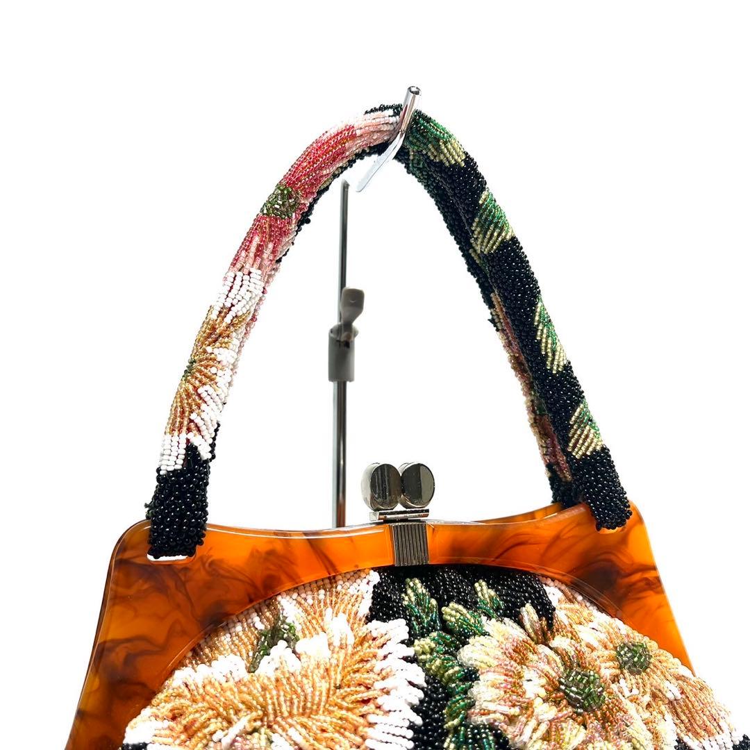 【美品】ビーズ総刺繍/花柄 ボタニカル柄/ハンドバッグ 和装バッグ ビーズバッグ