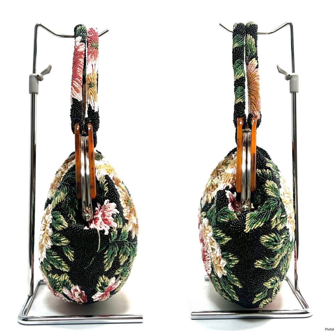 【美品】ビーズ総刺繍/花柄 ボタニカル柄/ハンドバッグ 和装バッグ ビーズバッグ