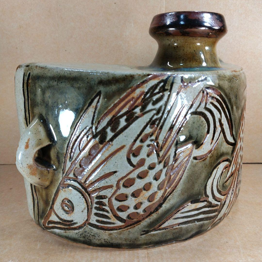 【本物保証】金城次郎 壷屋焼 抱瓶(魚紋抱瓶）共箱 栞 人間国宝 美品 やちむん