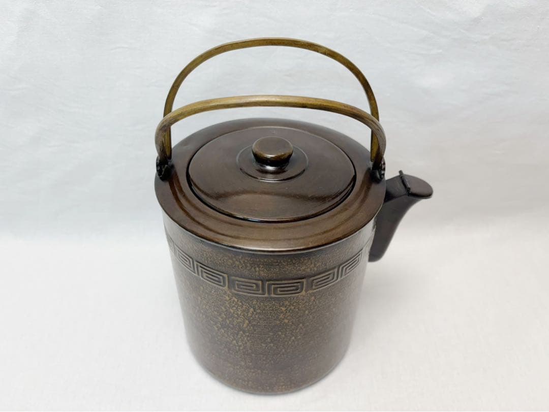 美品 茶道具 銅製 寸度形雷紋 水注 やかん 口蓋 薬缶 湯沸 金属工芸 紙箱