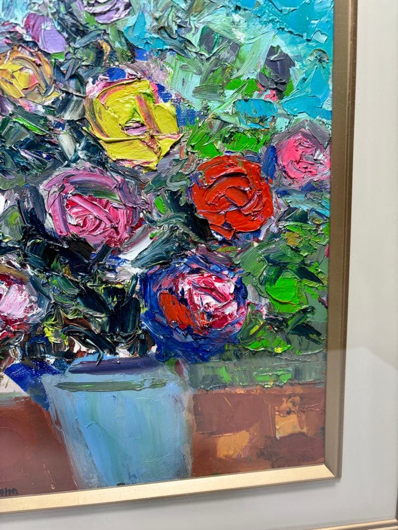 ケ*ん様 #藤田謹三「ばら」1970年 油彩画 額装 直筆サイン