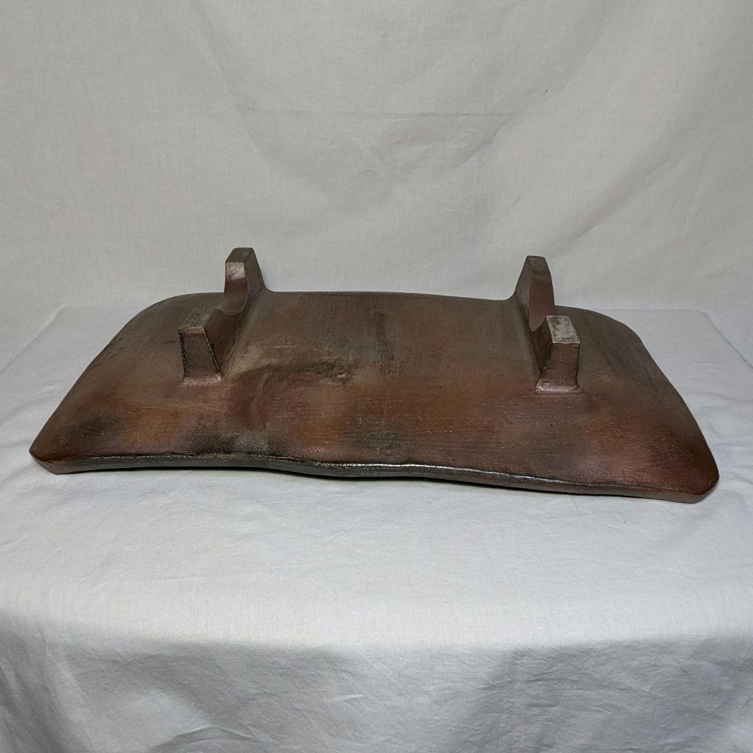 【直しあり】岡山県重要無形文化財 山本出 備前焼 足付縞文様長方皿 花台 陶板