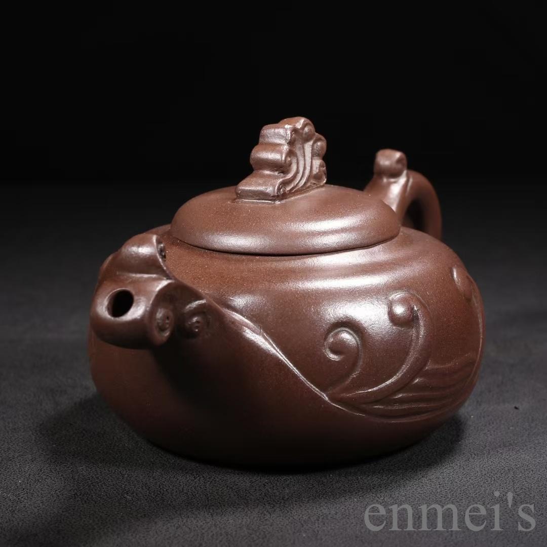 中国古美術 中国宜興 紫砂壺 如意壺 底款汪寅仙 原鉱紫泥 急須 茶壺 煎茶道具