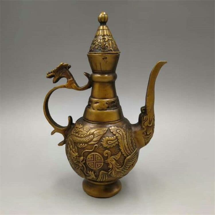 古い銅器工芸品龍鳳吉祥徳利置物  家庭銅器置物