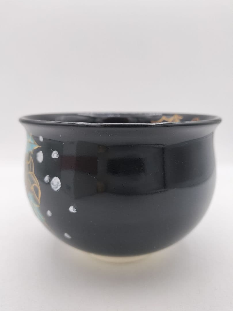 c410【新品・未使用】茶碗 黒仁清 柊に雪 水出絢 紙箱 茶道具