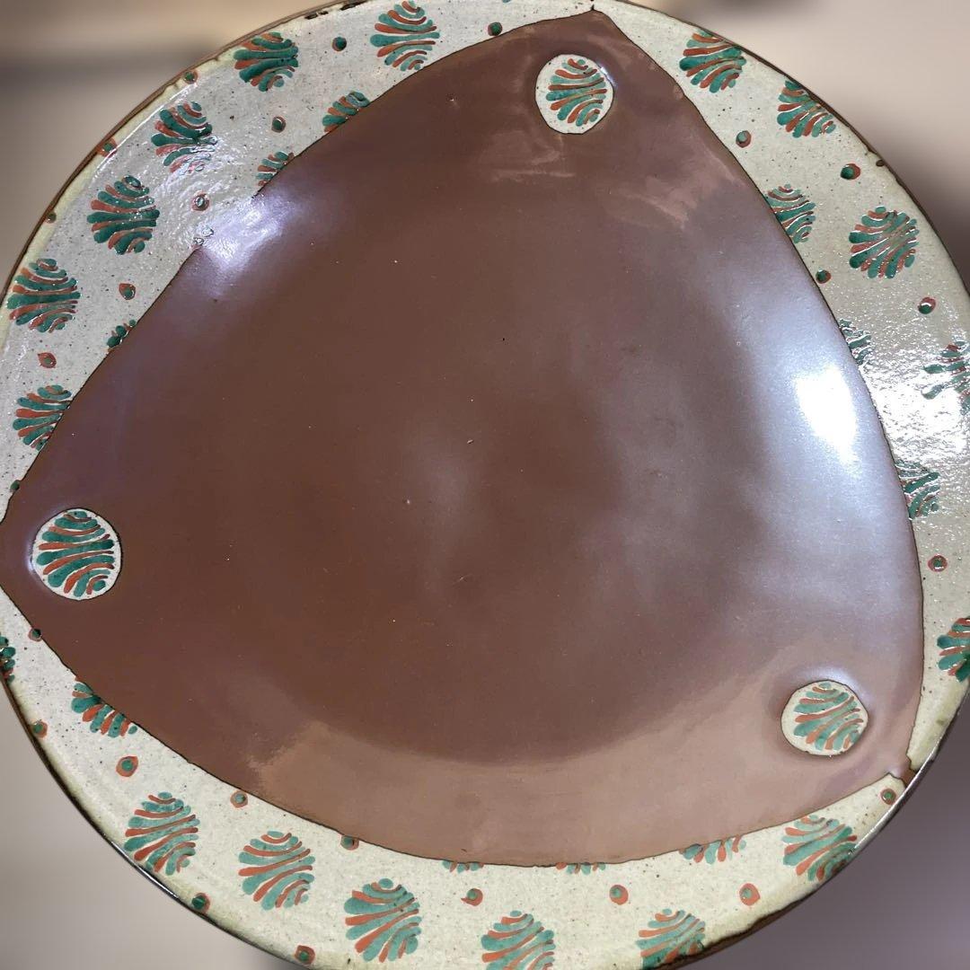 濱田友緒　柿釉赤絵大皿　共箱