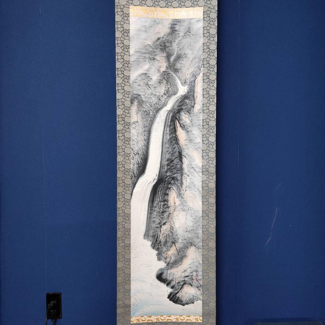 真作/矢沢弦月/滝図/瀧図/山水/布袋屋掛軸A-384