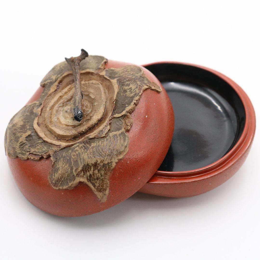 川岸充雅作 輪島塗乾漆 柿香合 茶道具 共箱共布　V701　NT7