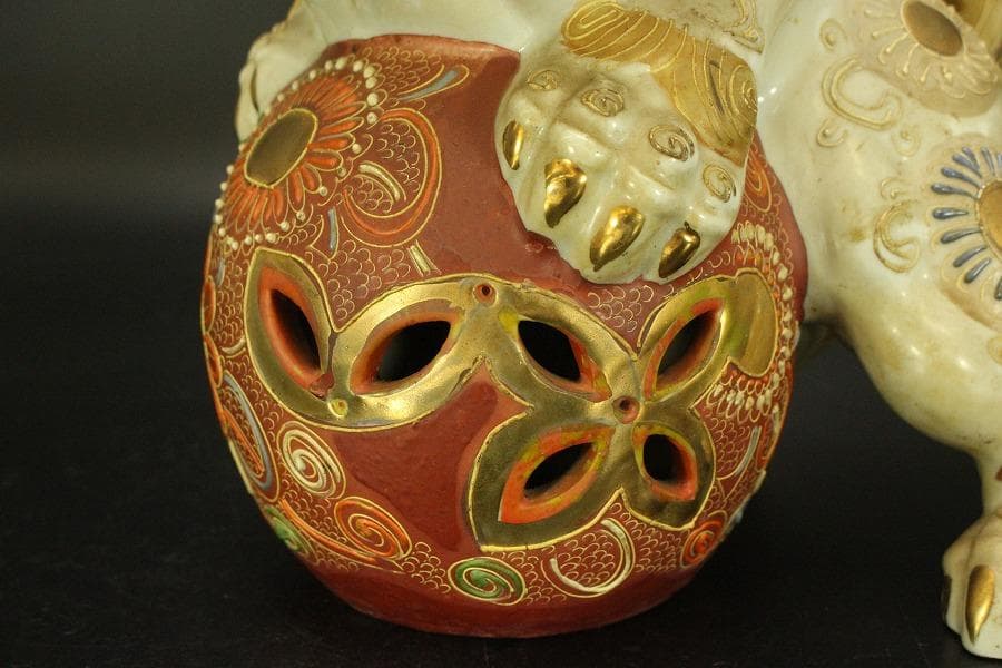 九谷 金彩 獅子 置物 時代物(A688)