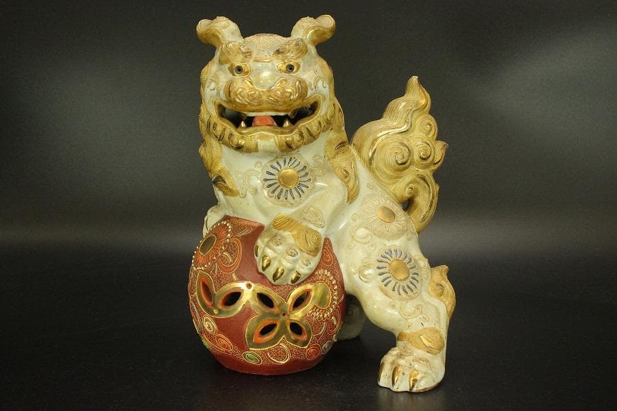 九谷 金彩 獅子 置物 時代物(A688)