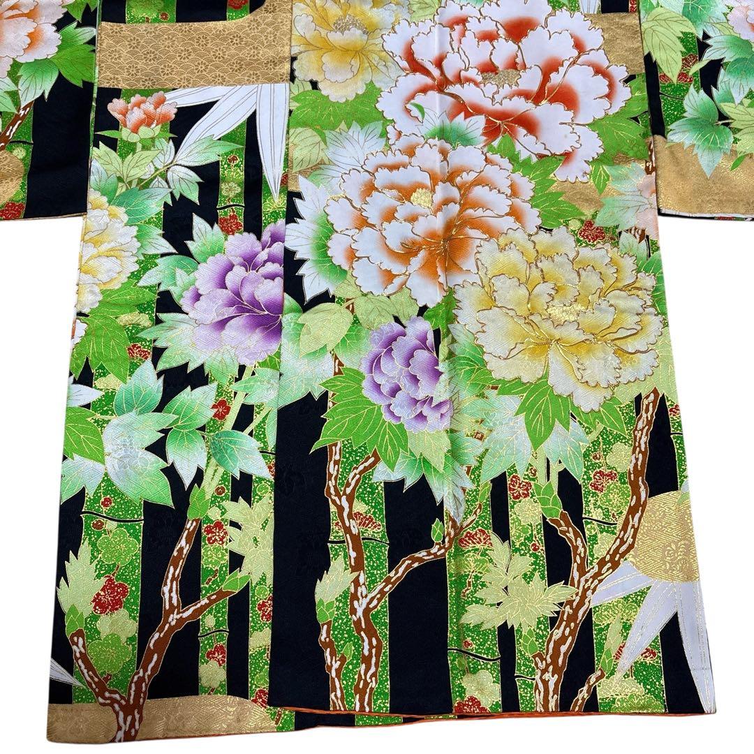 (う10) 竹縞に咲く艶牡丹 大正浪漫な雰囲気を漂わすアンティーク振袖⑤点セット