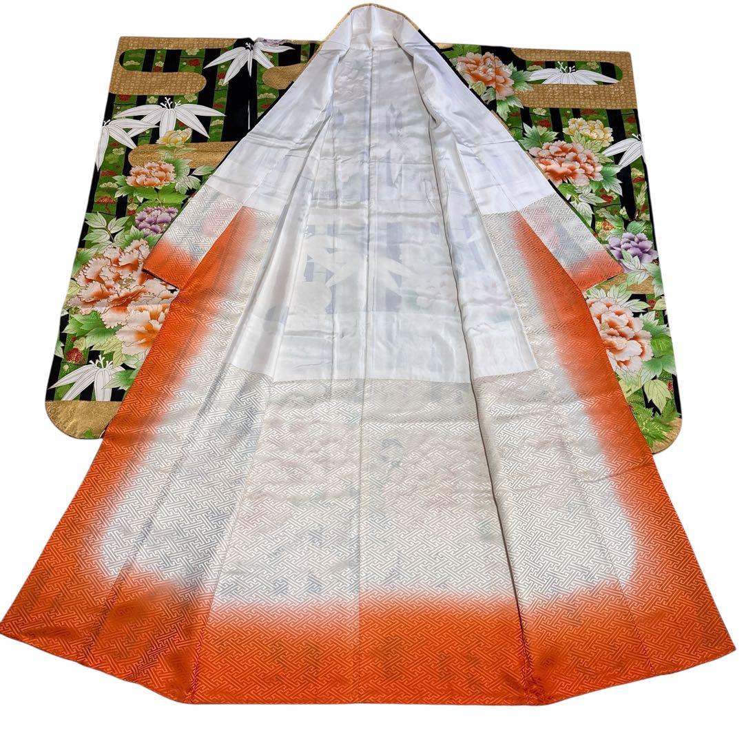 (う10) 竹縞に咲く艶牡丹 大正浪漫な雰囲気を漂わすアンティーク振袖⑤点セット