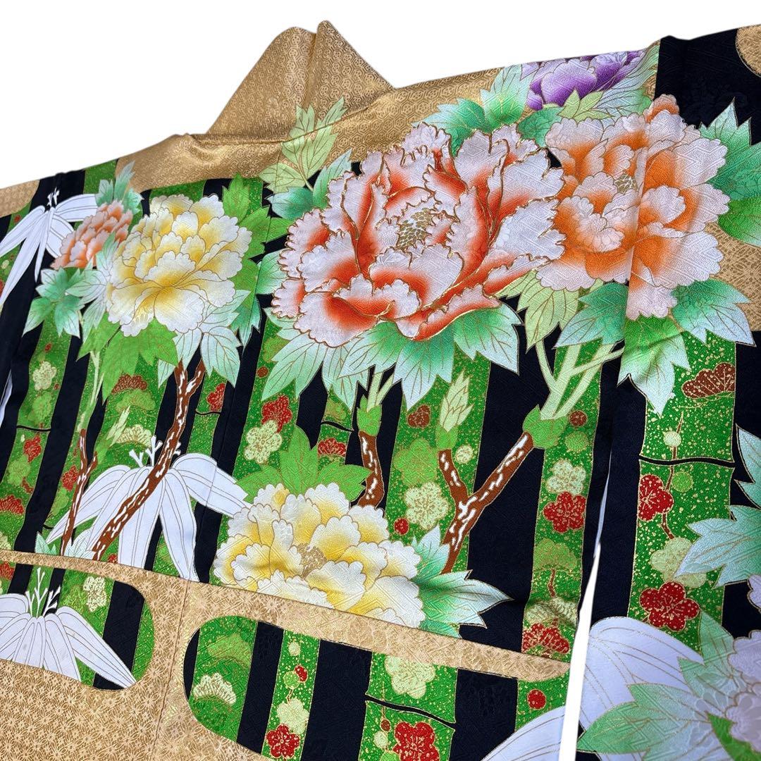 (う10) 竹縞に咲く艶牡丹 大正浪漫な雰囲気を漂わすアンティーク振袖⑤点セット