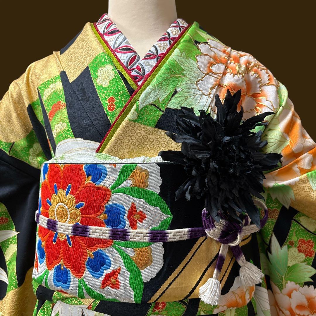 (う10) 竹縞に咲く艶牡丹 大正浪漫な雰囲気を漂わすアンティーク振袖⑤点セット