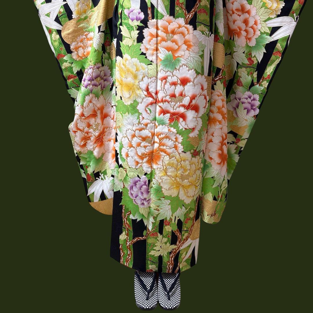 (う10) 竹縞に咲く艶牡丹 大正浪漫な雰囲気を漂わすアンティーク振袖⑤点セット