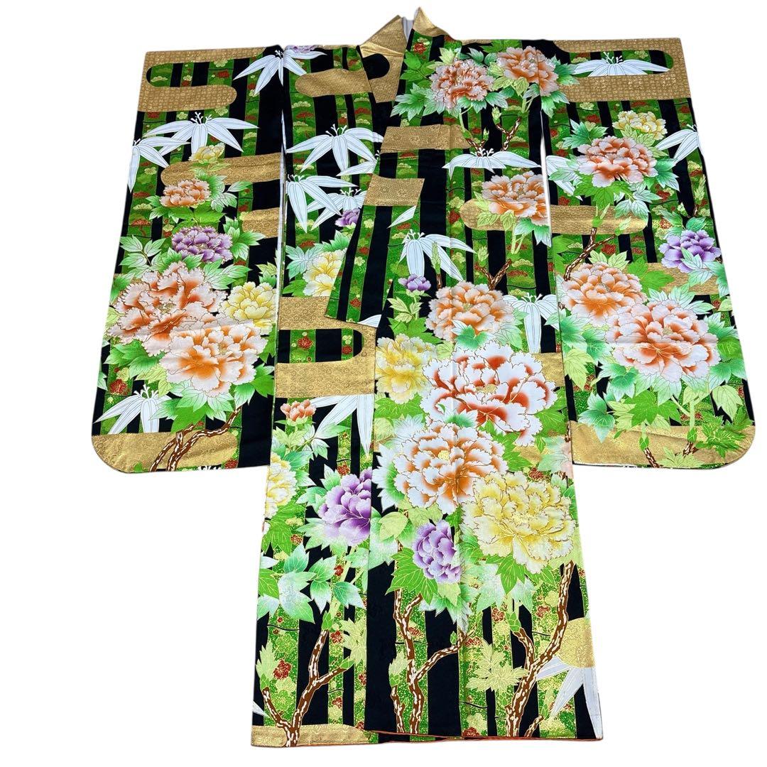 (う10) 竹縞に咲く艶牡丹 大正浪漫な雰囲気を漂わすアンティーク振袖⑤点セット