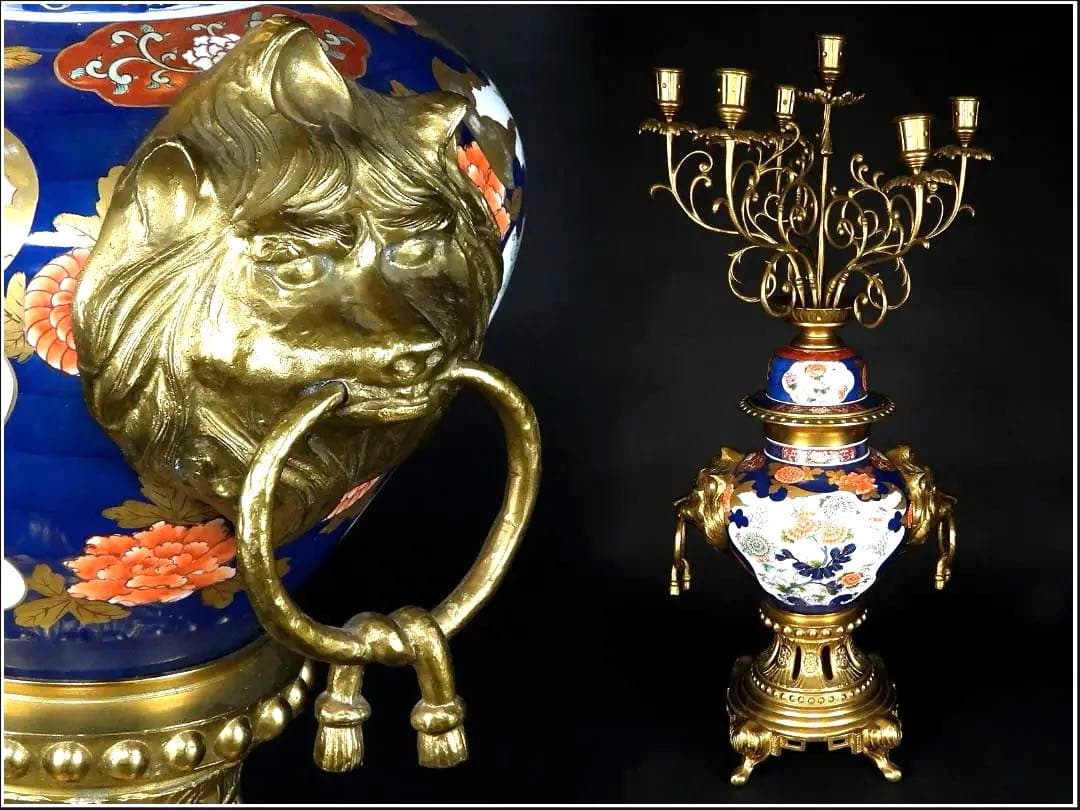 古美術 有田焼 色絵 花鳥紋 銅製 獣耳遊環 四足 燭台/高さ約103.6cm