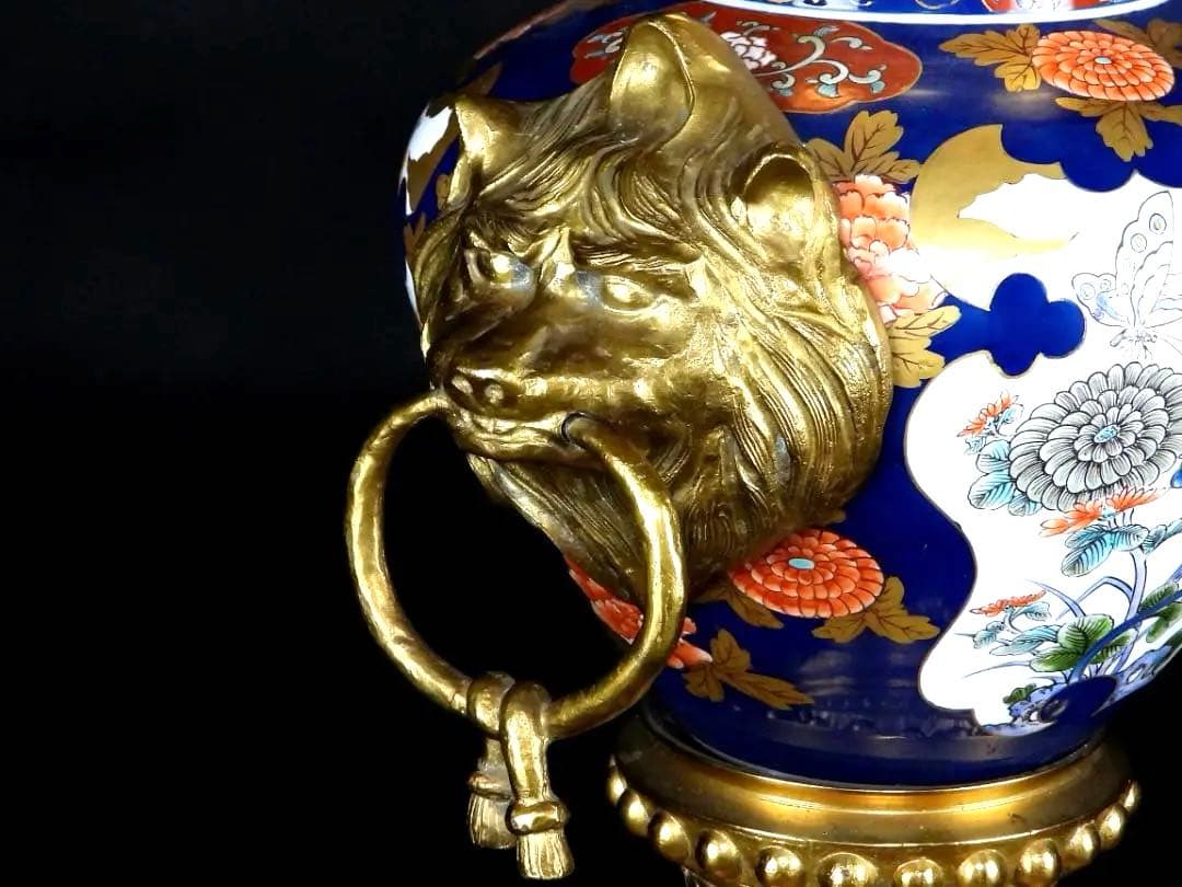 古美術 有田焼 色絵 花鳥紋 銅製 獣耳遊環 四足 燭台/高さ約103.6cm