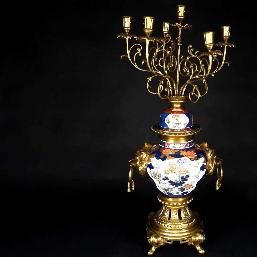 古美術 有田焼 色絵 花鳥紋 銅製 獣耳遊環 四足 燭台/高さ約103.6cm