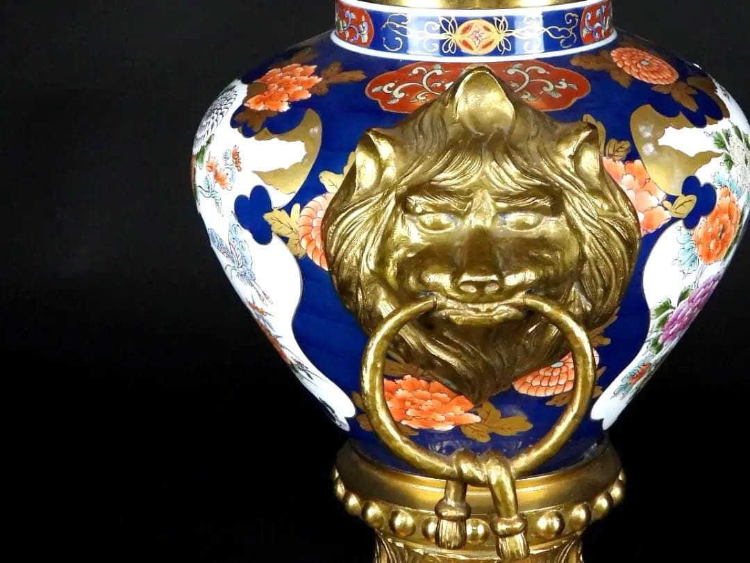 古美術 有田焼 色絵 花鳥紋 銅製 獣耳遊環 四足 燭台/高さ約103.6cm