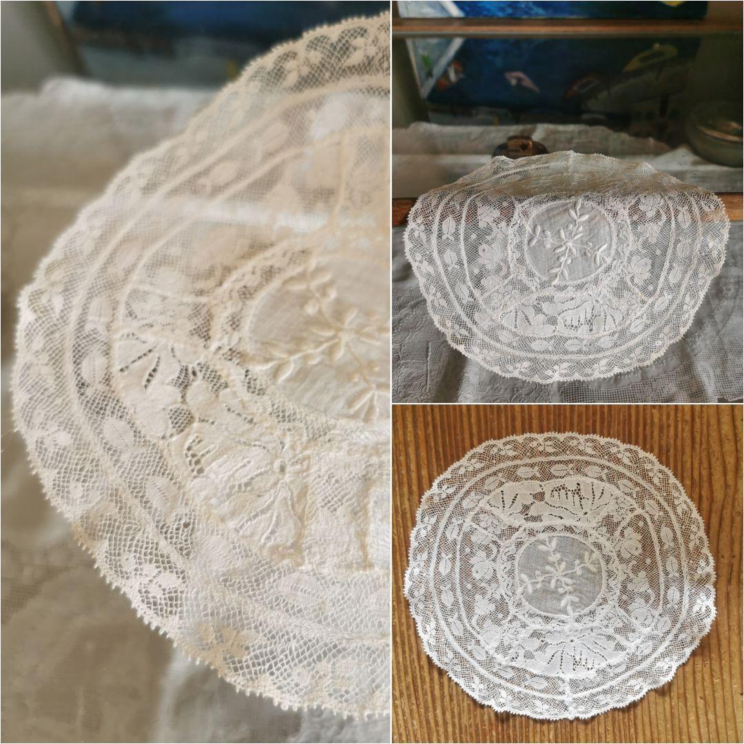 アンティーク ノルマンディーレースドイリー 魚影 薔薇の輪舞曲 草花の手刺繍