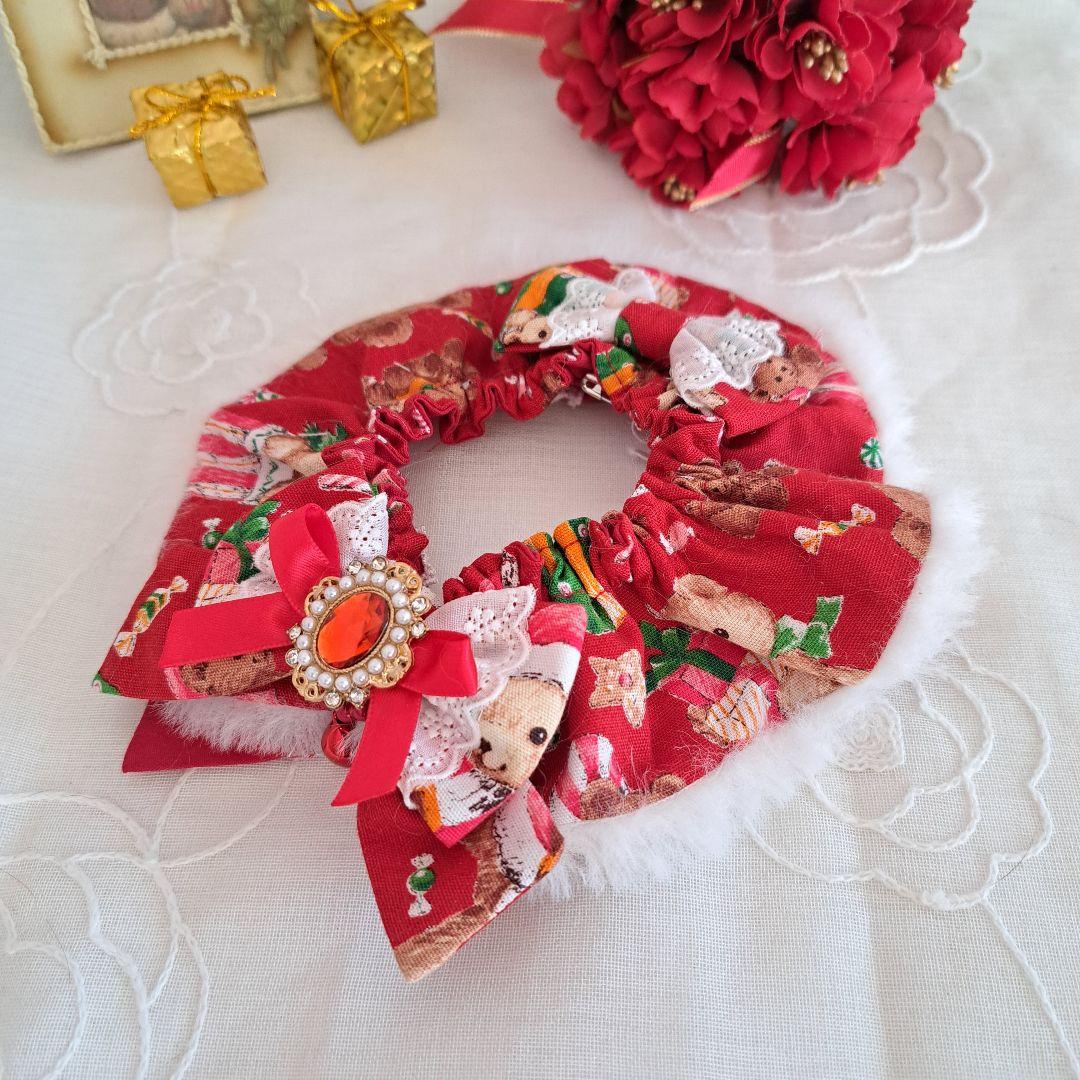 クリスマス幅広ファーシュシュ(赤くまさん)わんちゃん猫ちゃん用