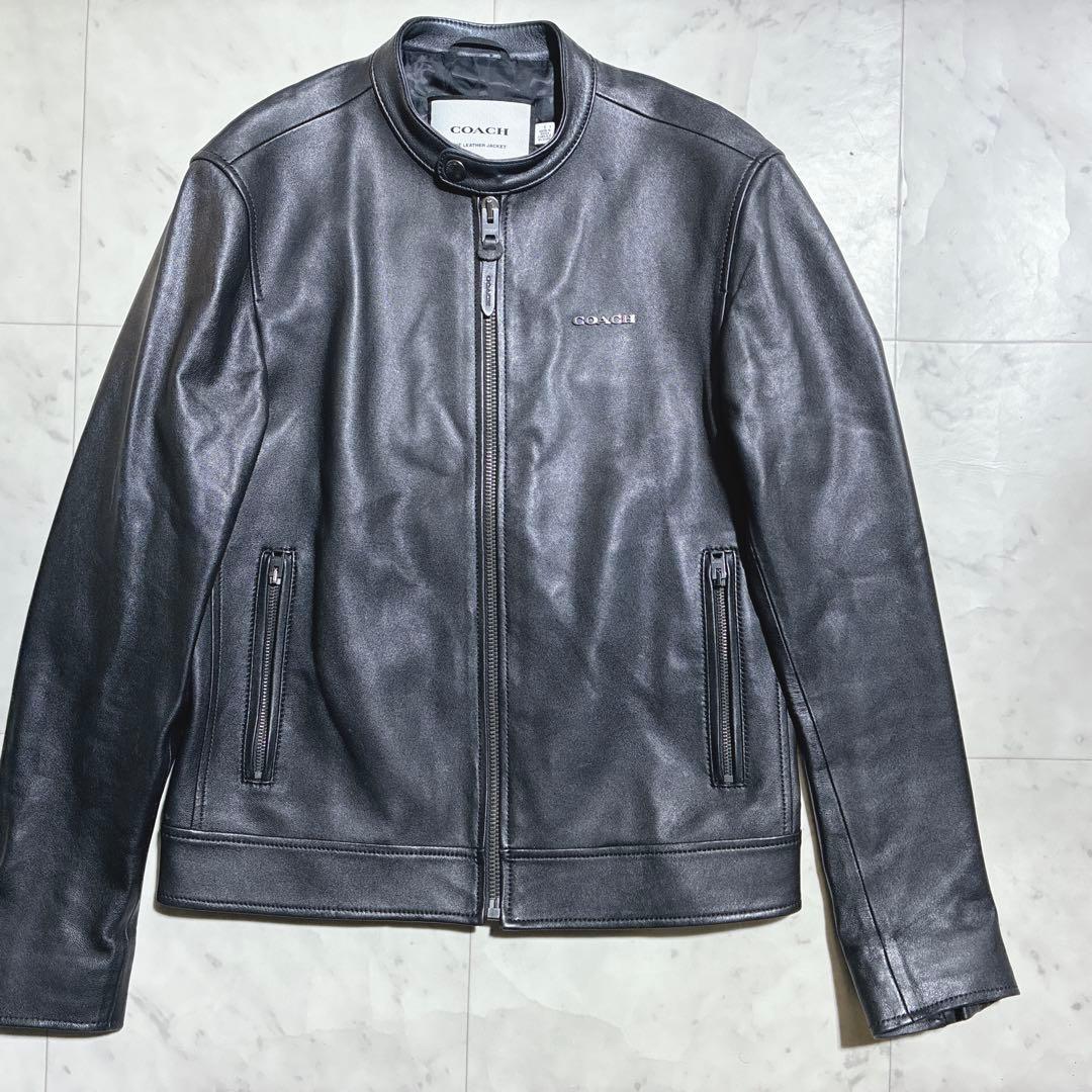 未使用級　COACH ライダースジャケット　ラムレザー　シグネチャー　黒　ロゴ