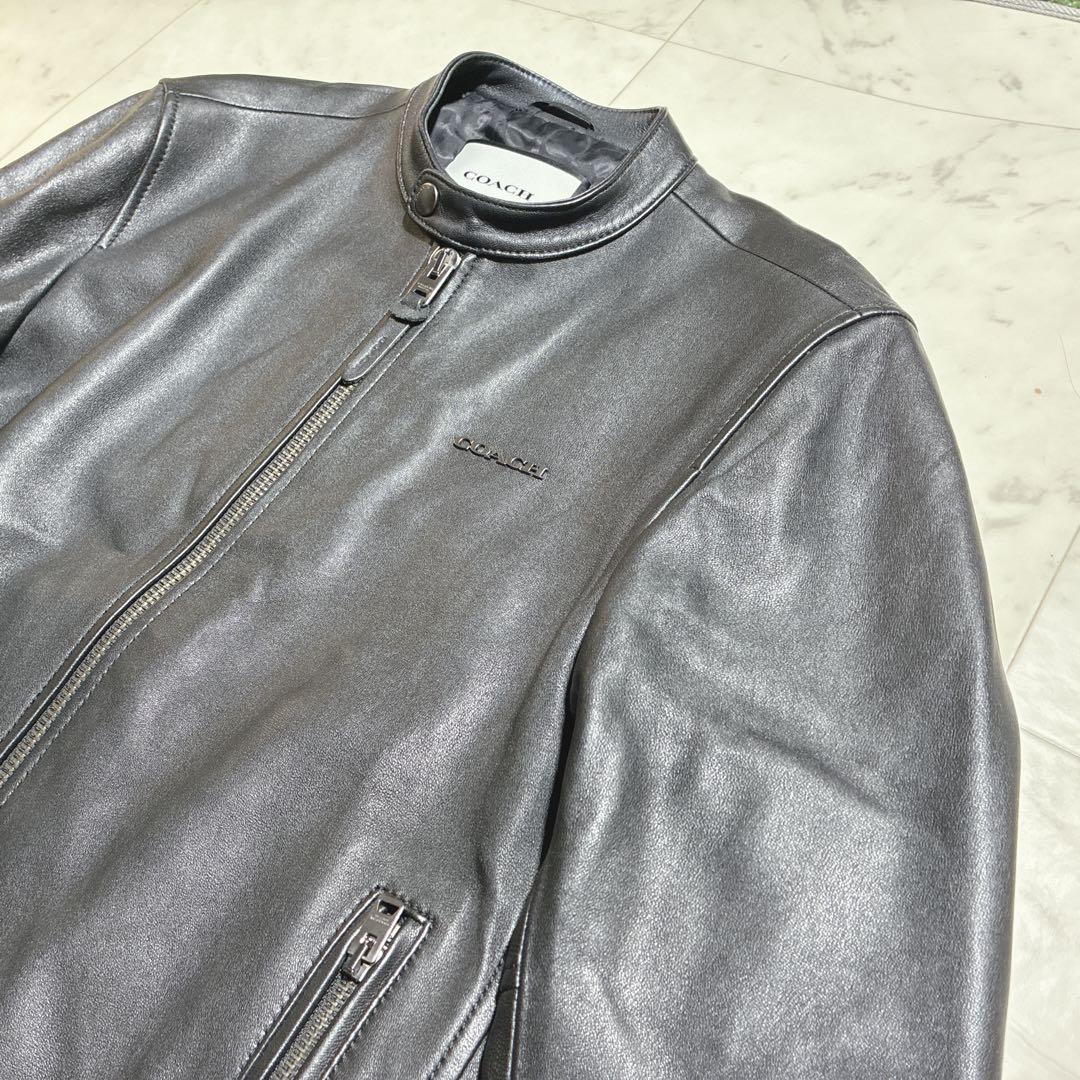 未使用級　COACH ライダースジャケット　ラムレザー　シグネチャー　黒　ロゴ