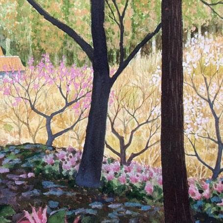 絵画「森はカタクリの花盛り」　水彩画