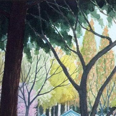 絵画「森はカタクリの花盛り」　水彩画