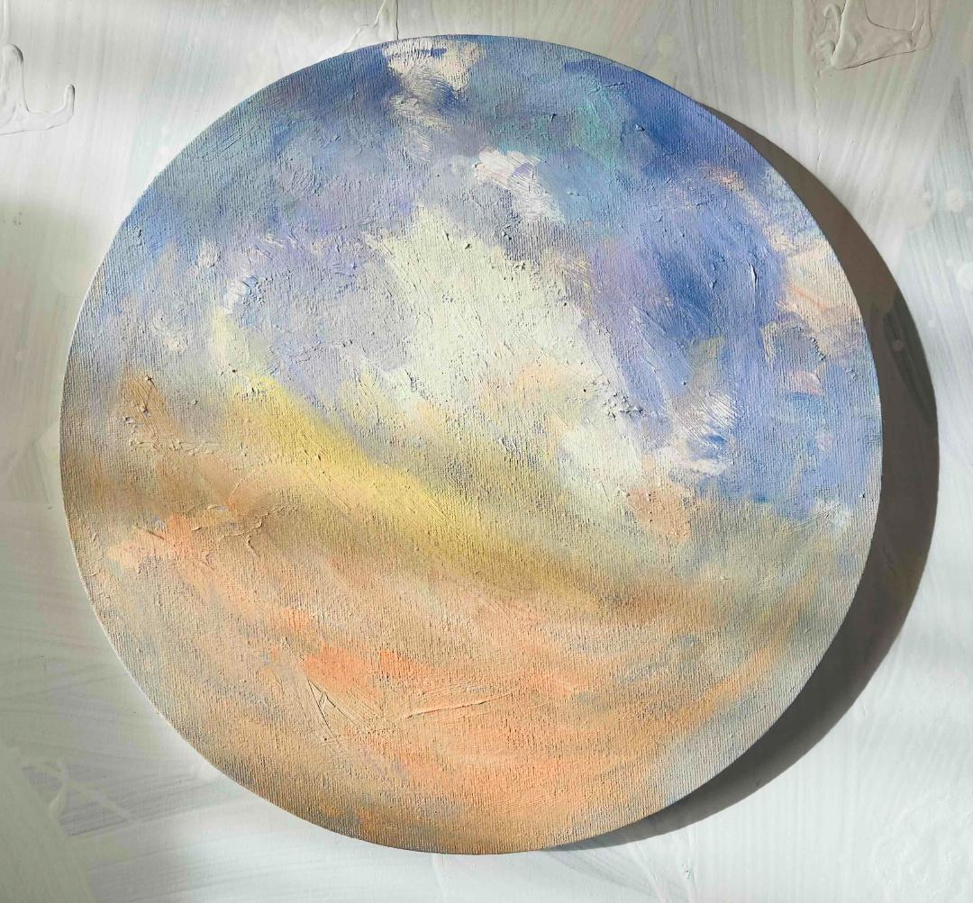 油彩 絵画 『空』丸形アートパネル 直径30cmインテリア 絵画 原画
