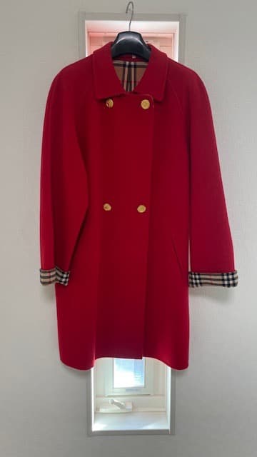美品 バーバリー 希少赤 ダブルブレスト コート タータンチェック