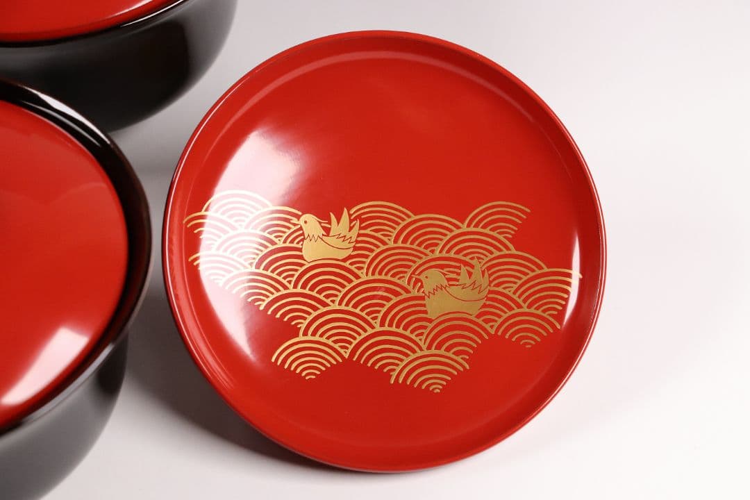 CK82 塗師 辻石斎 盃蓋吸物椀 四客 朱塗 黒塗 波に鳥 金蒔絵 木製漆器