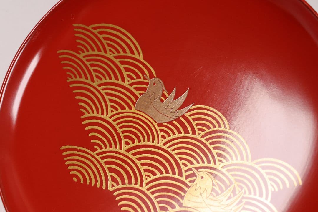 CK82 塗師 辻石斎 盃蓋吸物椀 四客 朱塗 黒塗 波に鳥 金蒔絵 木製漆器