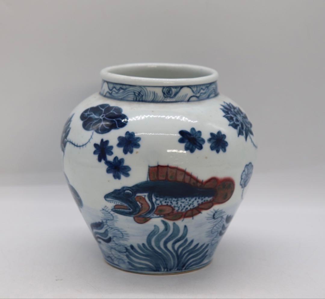 中国　青華釉裏紅　魚紋壺　送料込み251008