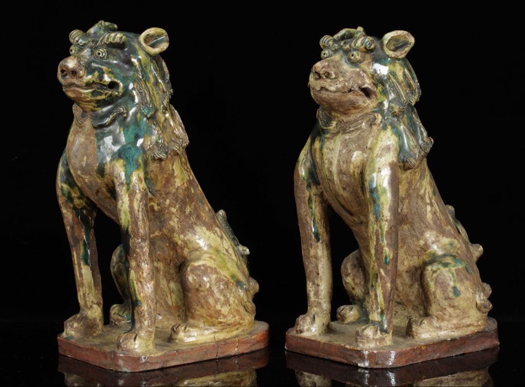 江戸期名陶 【加藤春岱】 瀬戸焼 特大狛犬 阿吽 一対 桐箱 獅子 古美術 骨董