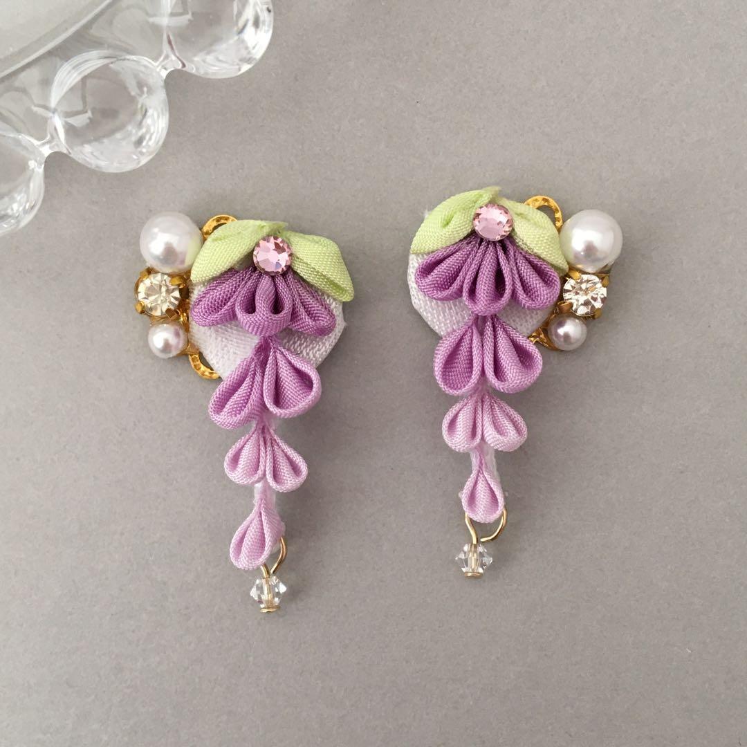 no.660 藤ビジューピアス　イヤリング　和風　成人式　着物　紫